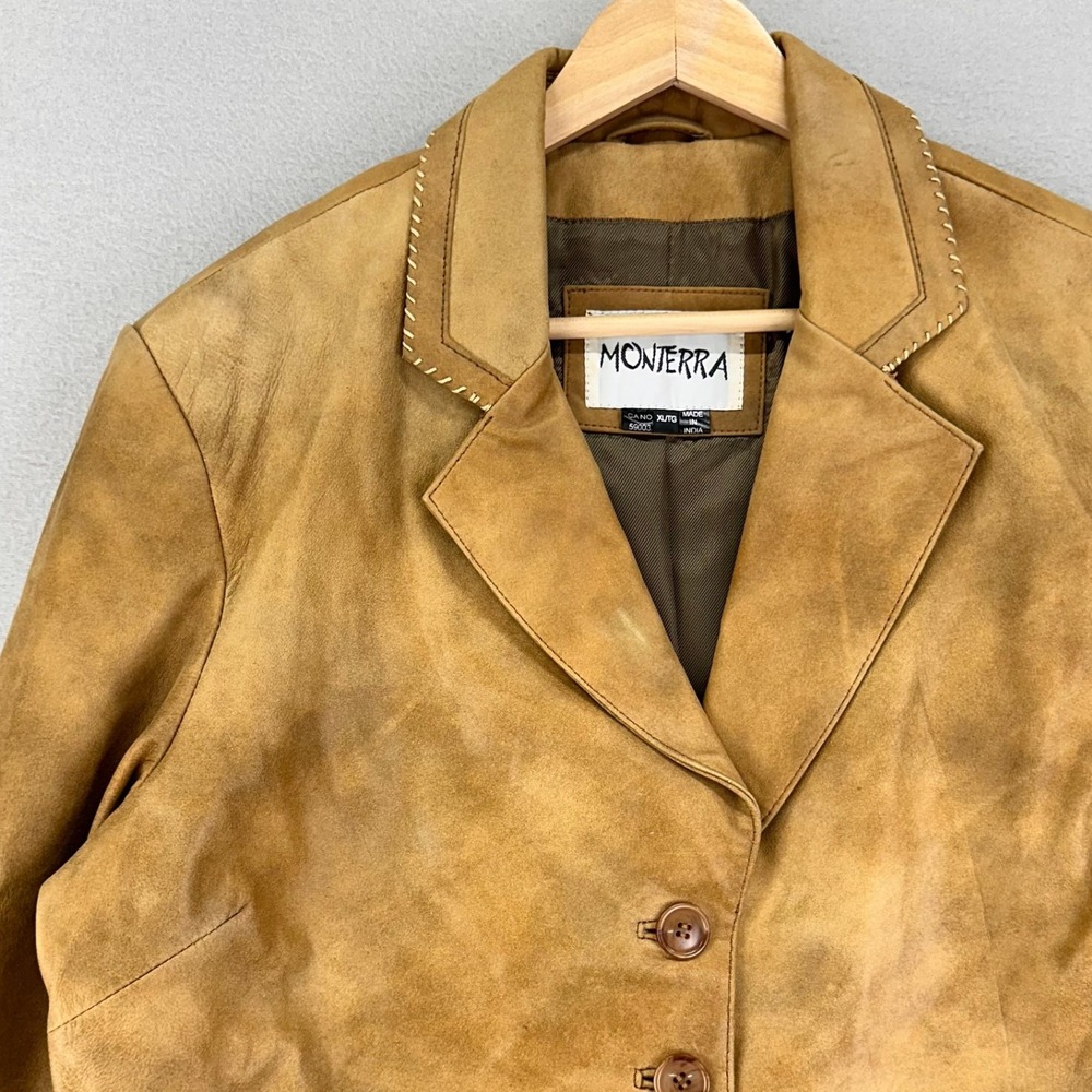 VTG Monterra Leather Jacket Womens XL Tan Brown Oversized Western 3 Button - Picture 2 of 7
